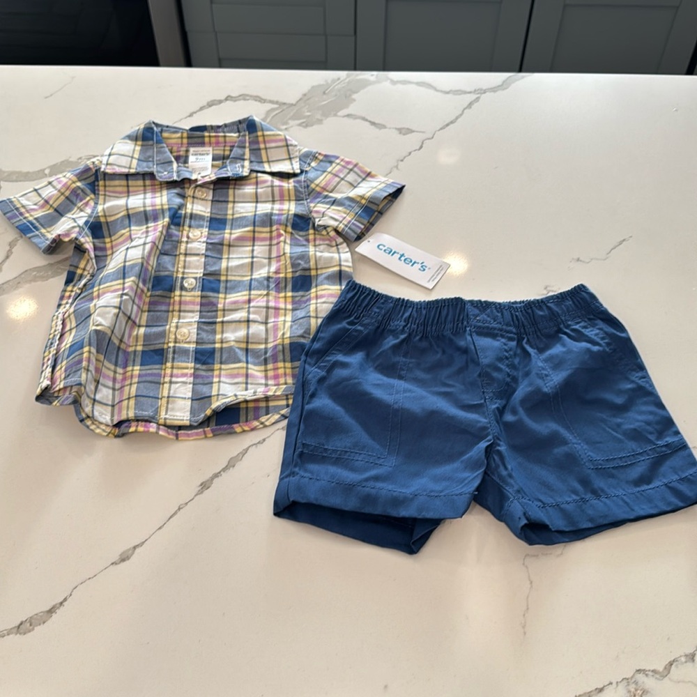 Carters plaid madras button down shirt matching shorts baby boy nwt 9m